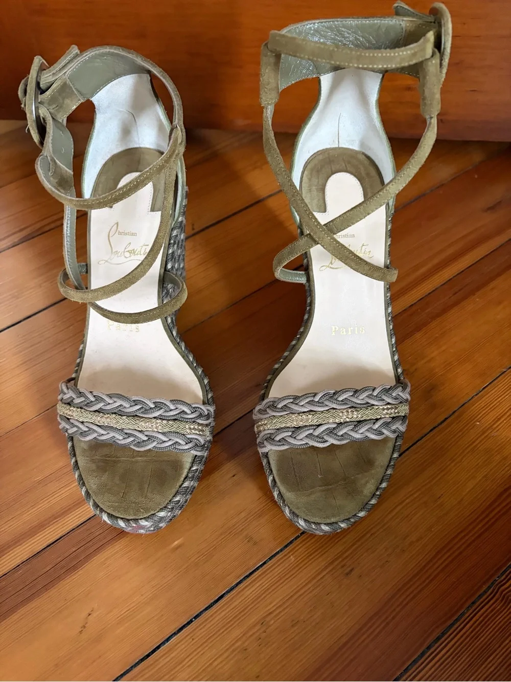 Christian Louboutin Olive Suede Braided Wedge Sandals